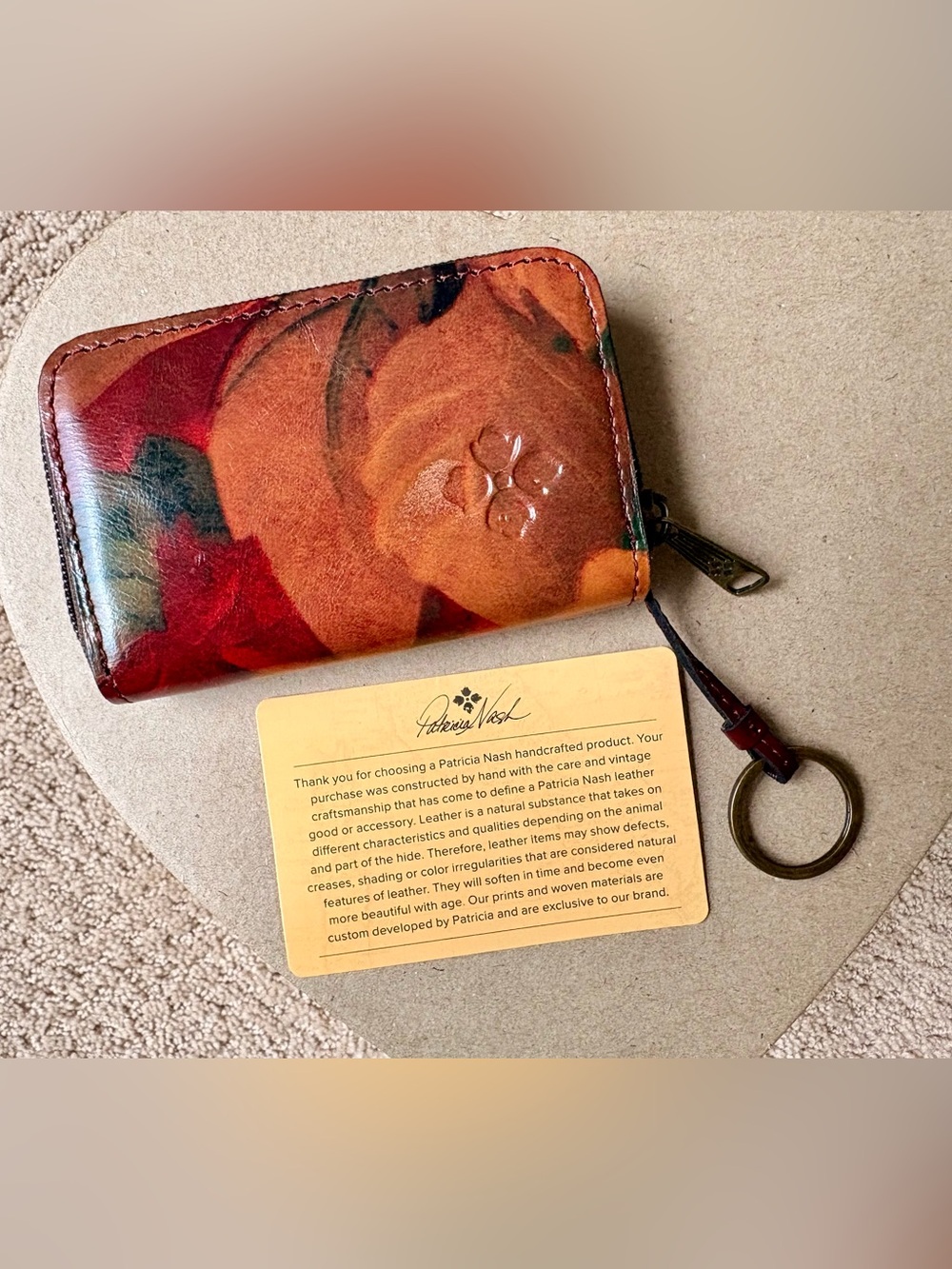 Patricia Nash Red Orange Floral Zip Wallet with Key Ring